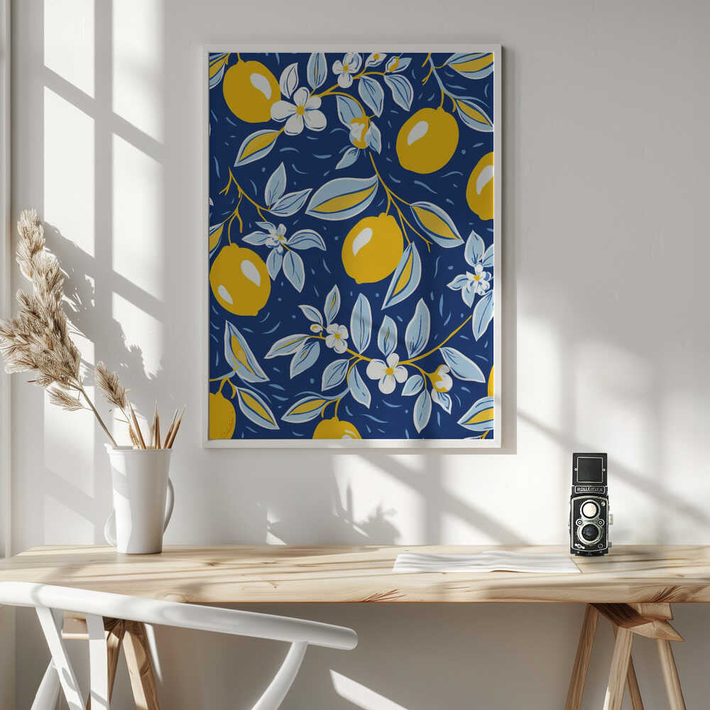 Blue Lemon Pattern Art Print UK — Botanical Vibrant Wall Art — Kitchen — Wall It All Prints