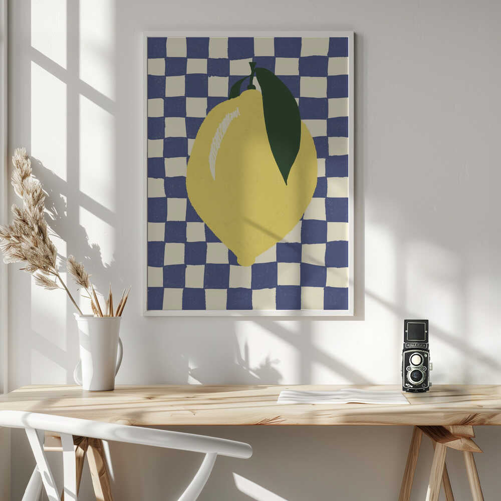 Blue Checkered Lemon Art Print UK — Food Minimal Wall Art — Kitchen — Wall It All Prints