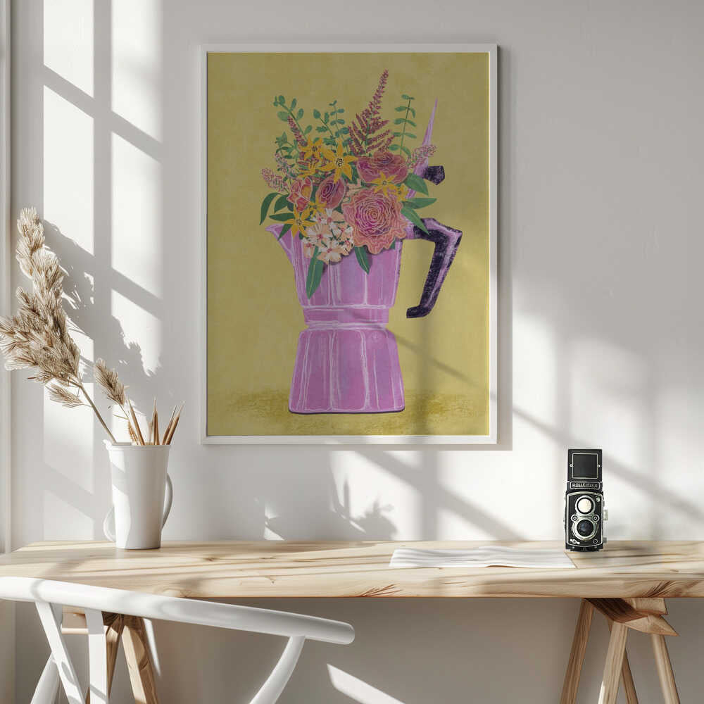 Espresso Maker with Flowers Art Print UK — Botanical Vibrant Wall Art — Kitchen — Wall It All Prints