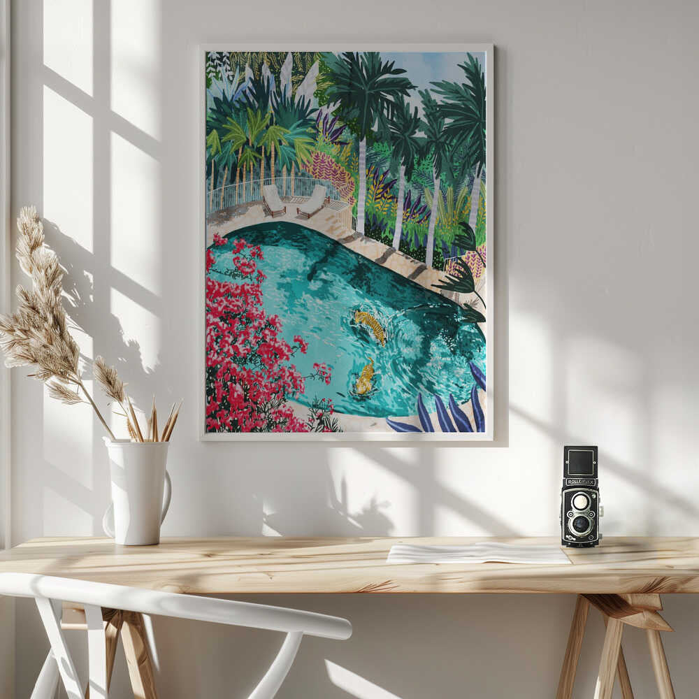 Tigers In Tropical Pool Art Print UK — Botanical Vibrant Wall Art — Living Room — Wall It All Prints