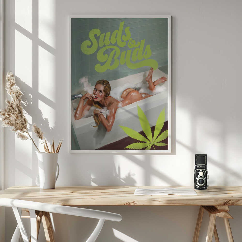Suds Buds Sexy Girl Smoking Cannabis Joint In Bath Art Print UK — Botanical Calm Wall Art — Bathroom — Wall It All Prints