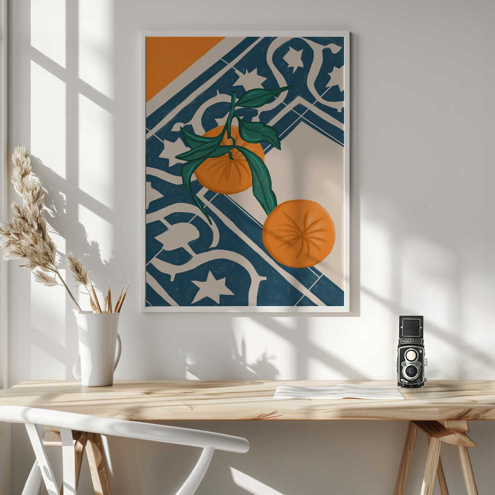 Fresh Oranges Blue Tiles Art Print UK — Food Vibrant Wall Art — Kitchen — Wall It All Prints