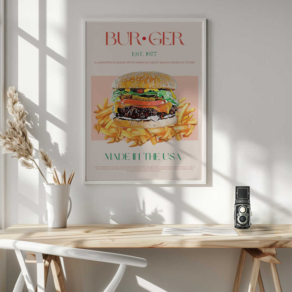 Classic American Burger Art Print UK — Vintage Vibrant Wall Art — Kitchen — Wall It All Prints