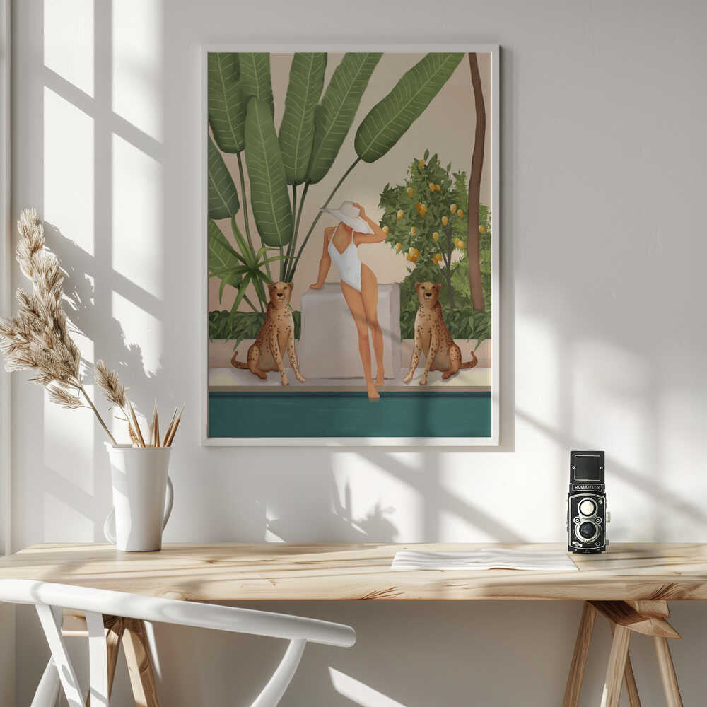 Tropical Woman and Cheetahs Art Print UK — Botanical Calm Wall Art — Kitchen — Wall It All Prints