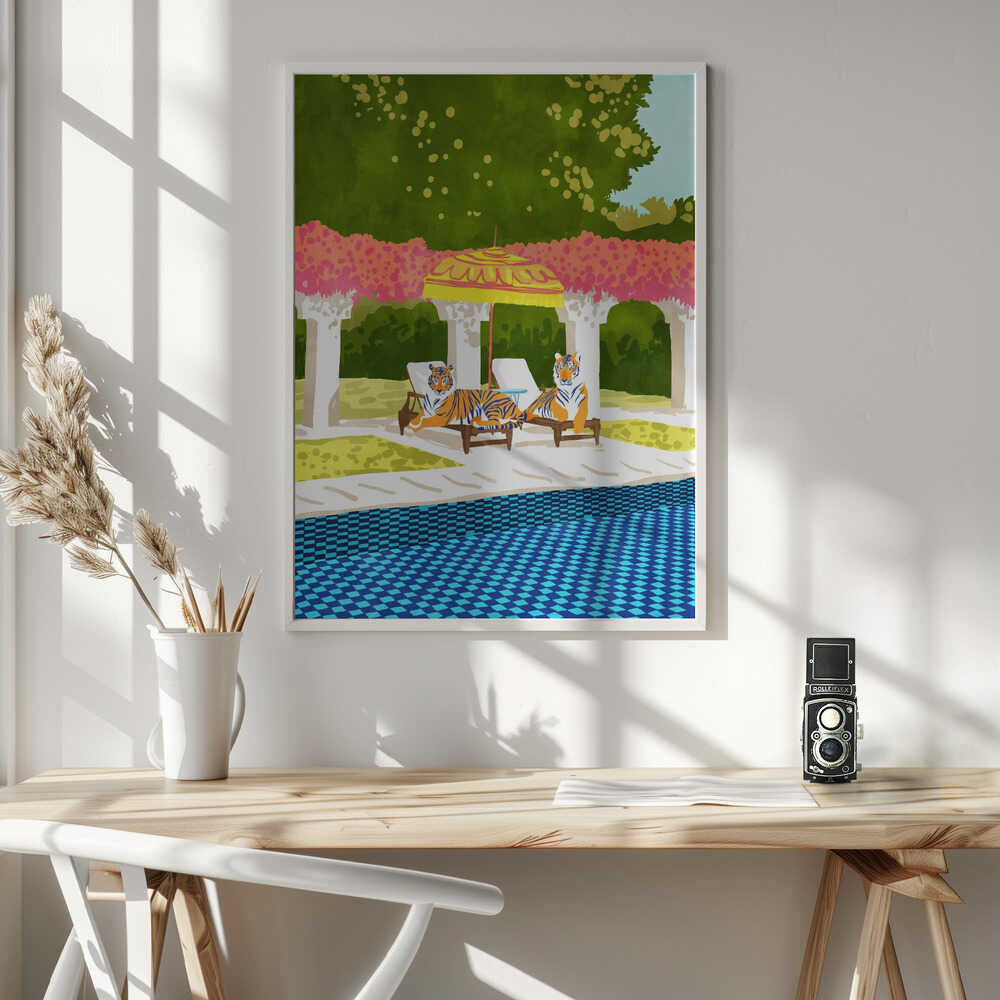 Luxurious Poolside Tigers Art Print UK — Botanical Vibrant Wall Art — Living Room — Wall It All Prints