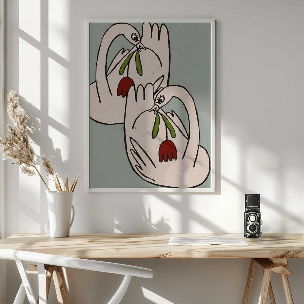 Loving Swans with Flowers Art Print UK — Botanical Calm Wall Art — Living Room — Wall It All Prints