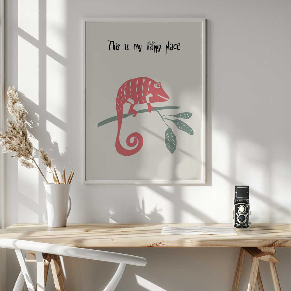 Pink Chameleon Happy Place Art Print UK — Animal Fresh Wall Art — Nursery — Wall It All Prints