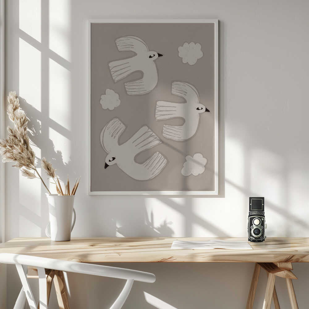 Peaceful White Birds Flying Art Print UK — Abstract Calm Wall Art — Bedroom — Wall It All Prints