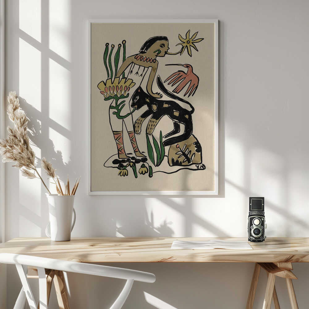 Folk Figure and Panther Art Print UK — Botanical Dark Wall Art — Living Room — Wall It All Prints