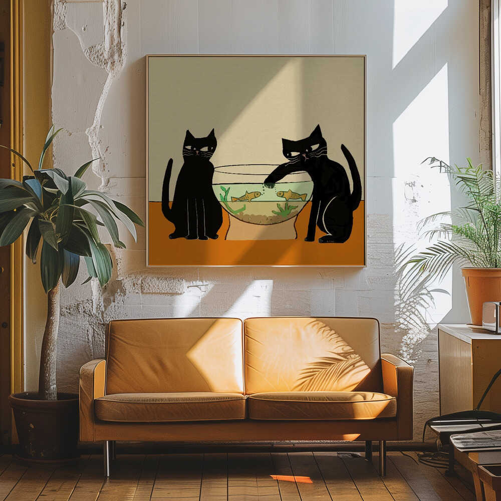 Mischievous Cat And Fish Art Print UK — Botanical Dark Wall Art — Living Room — Wall It All Prints