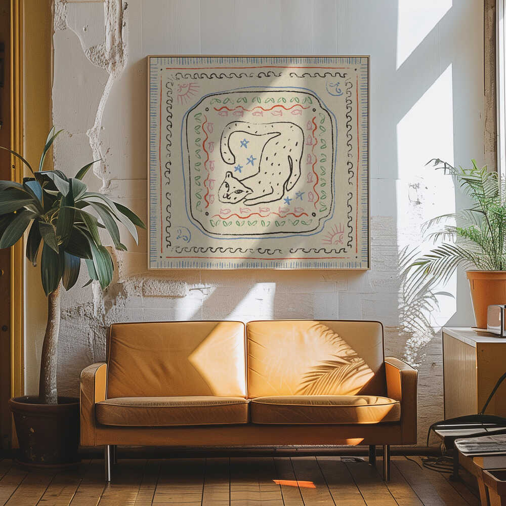 Playful Folk Cat Art Print UK — Botanical Vibrant Wall Art — Living Room — Wall It All Prints