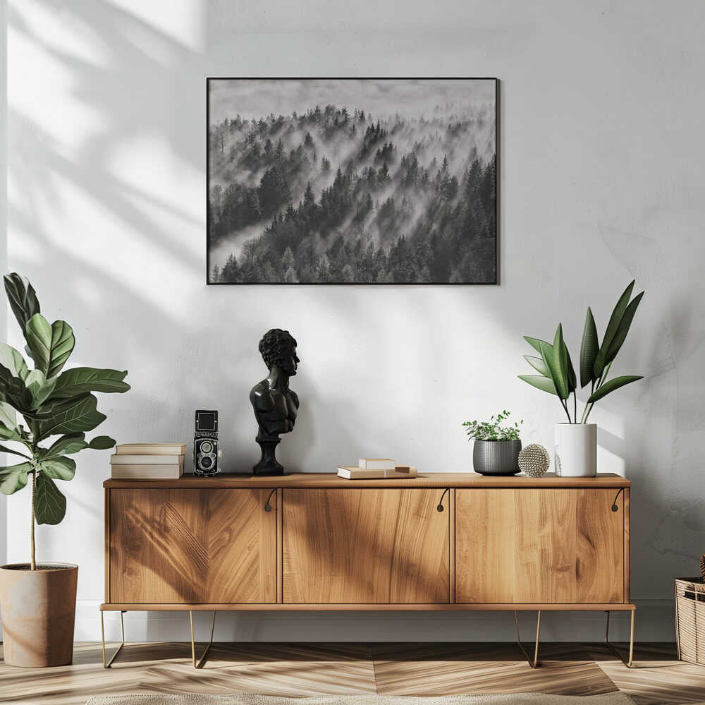 Misty Forest Light Rays Art Print UK — Dark Moody Calm Wall Art — Living Room — Wall It All Prints