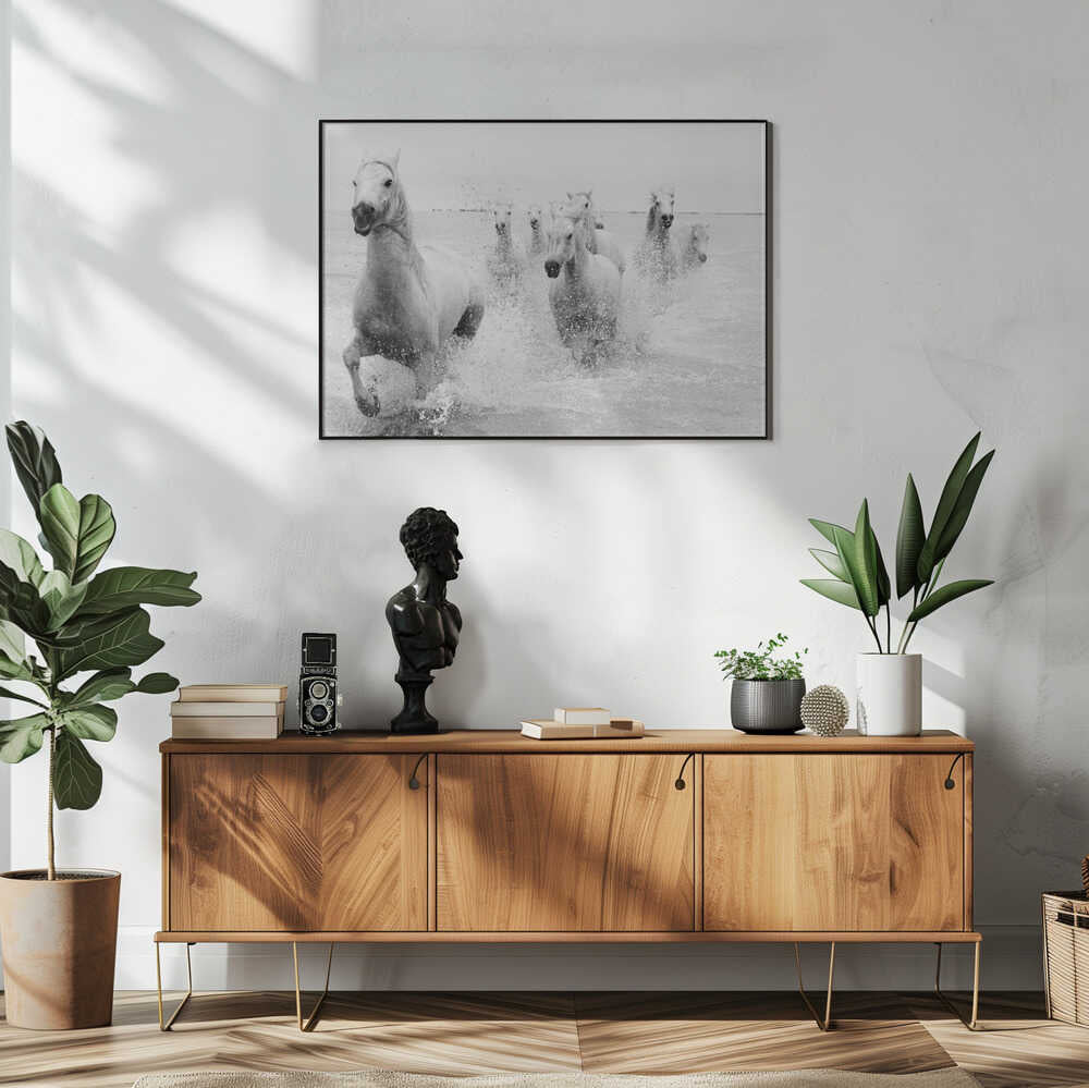 Wild White Horses Running Art Print UK — Landscape Dark Wall Art — Living Room — Wall It All Prints