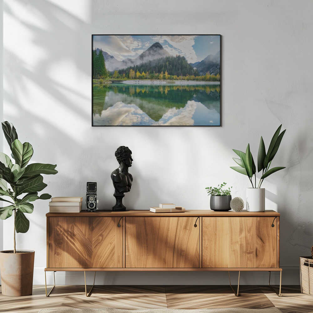 Misty Mountain Lake Reflection Art Print UK — Dark Moody Vibrant Wall Art — Bedroom — Wall It All Prints