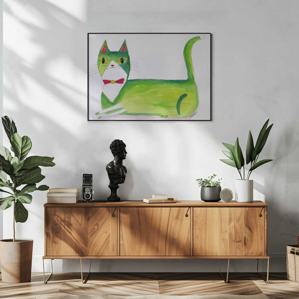 Green Bow Tie Cat Art Print UK — Animal Vibrant Wall Art — Living Room — Wall It All Prints