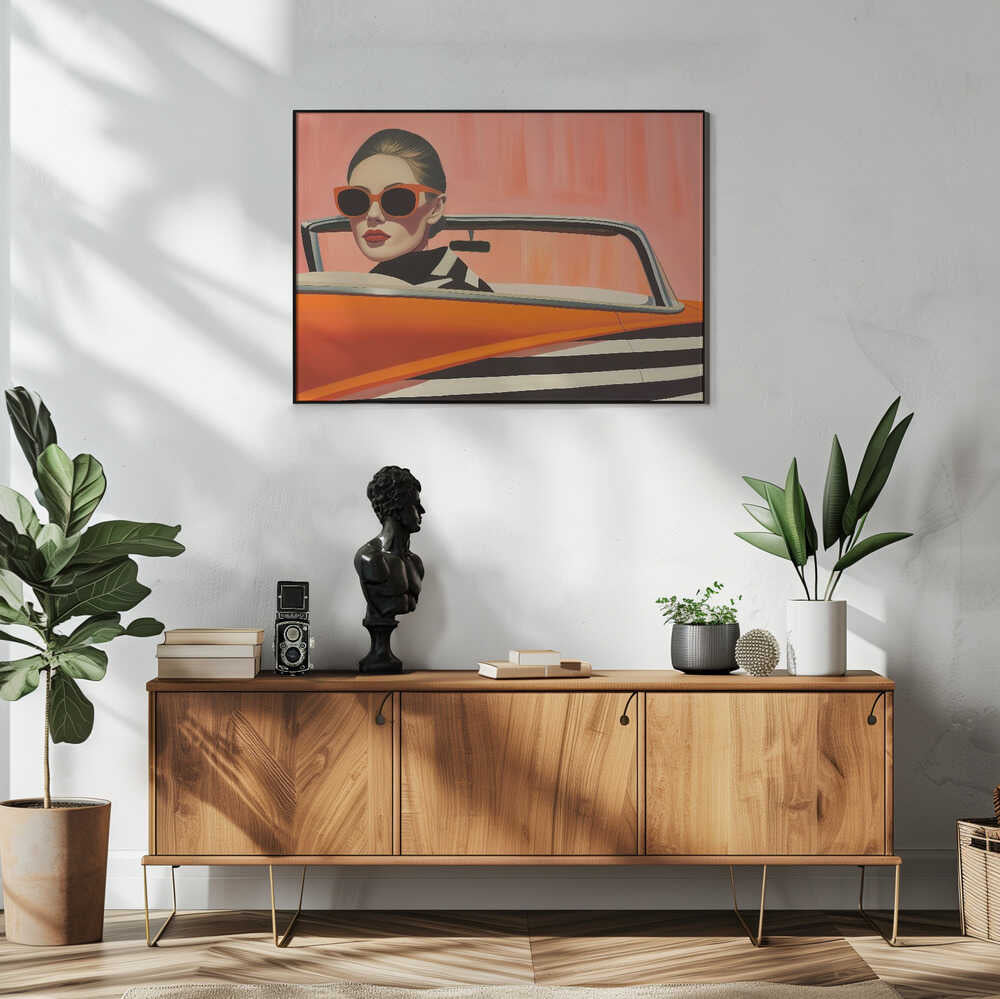 Stylish Woman Orange Car Art Print UK — Abstract Vibrant Wall Art — Living Room — Wall It All Prints