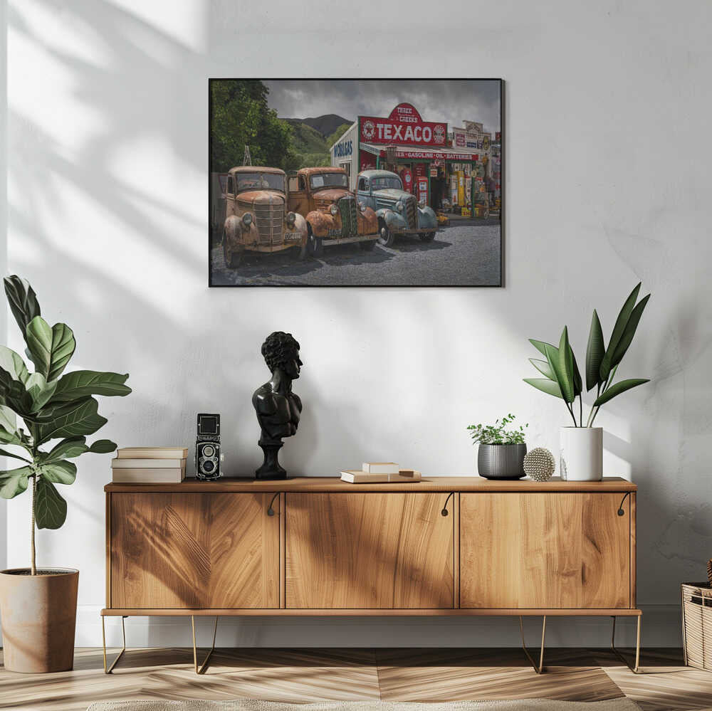 Vintage Gas Station Trucks Art Print UK — Landscape Vibrant Wall Art — Living Room — Wall It All Prints