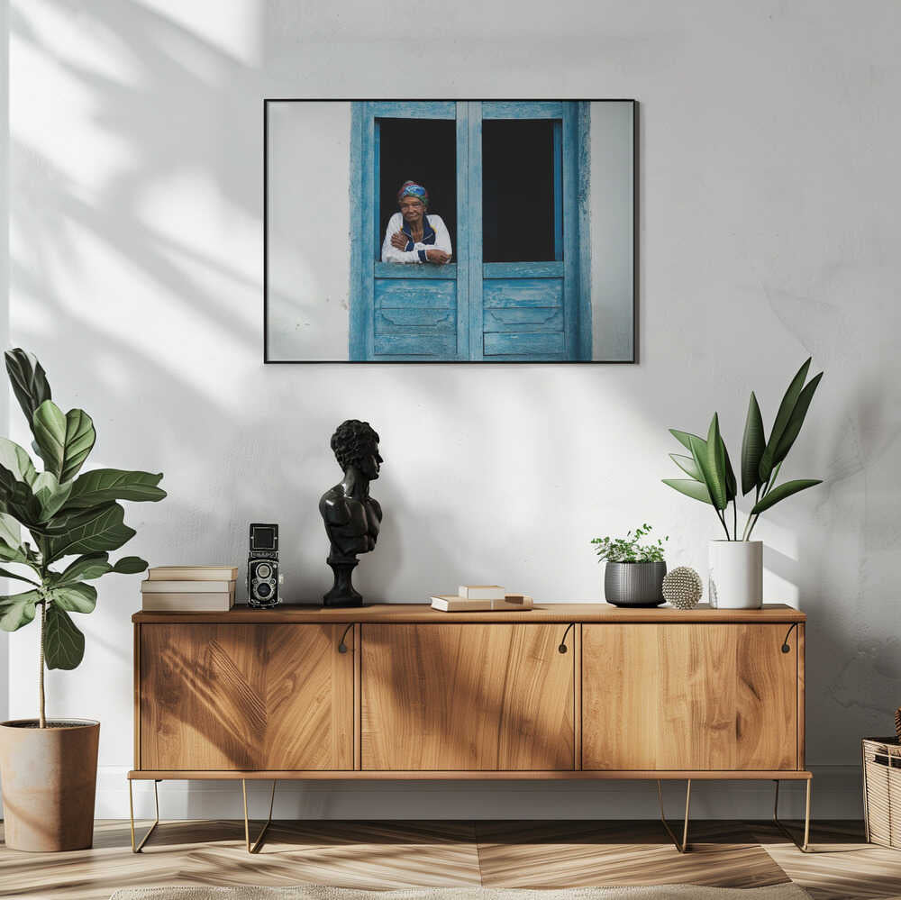 Elderly Woman in Blue Window Art Print UK — Dark Moody Vibrant Wall Art — Living Room — Wall It All Prints