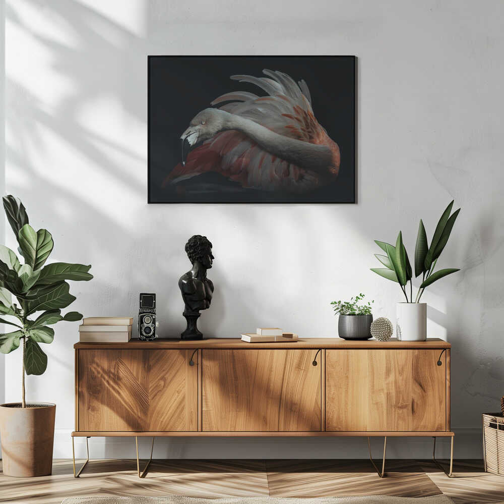 Elegant Pink Flamingo Art Print UK — Dark Moody Dark Wall Art — Living Room — Wall It All Prints