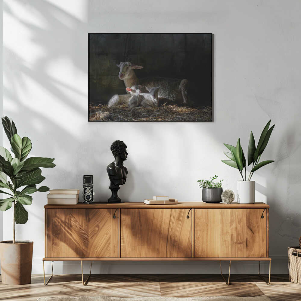 Tender Lamb Family Art Print UK — Dark Moody Calm Wall Art — Nursery — Wall It All Prints