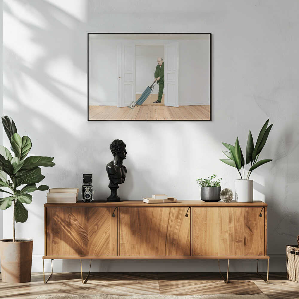 Man With Vintage Vacuum Art Print UK — Abstract Minimal Wall Art — Bathroom — Wall It All Prints