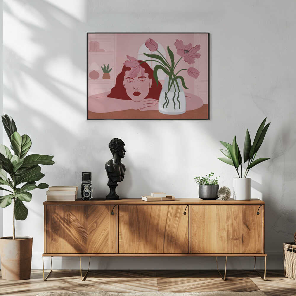 Pensive Woman and Tulips Art Print UK — Botanical Calm Wall Art — Living Room — Wall It All Prints