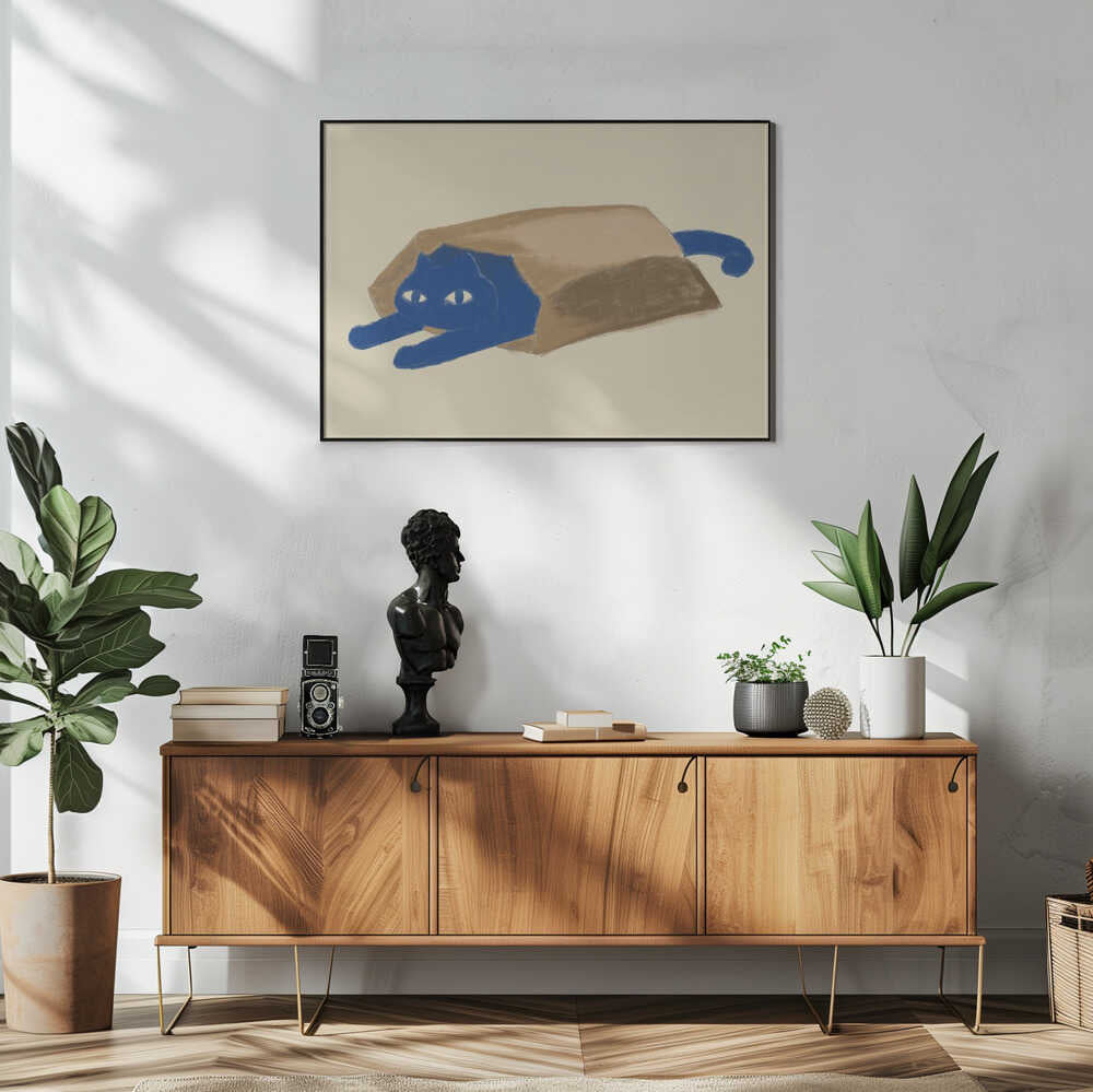 Blue Cat In A Bag Art Print UK — Animal Vibrant Wall Art — Living Room — Wall It All Prints