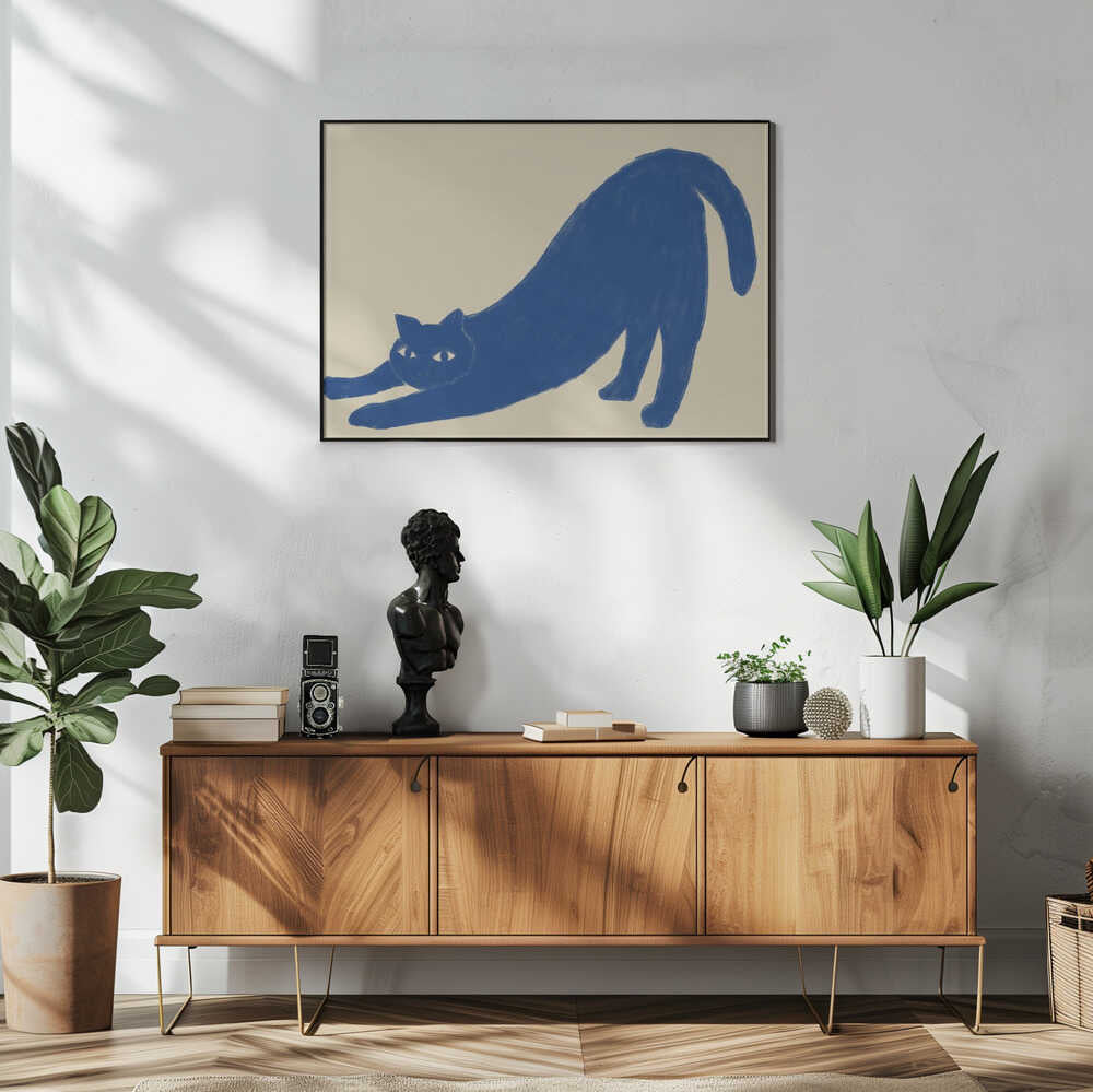 Stretching Blue Cat Art Print UK — Abstract Calm Wall Art — Bedroom — Wall It All Prints