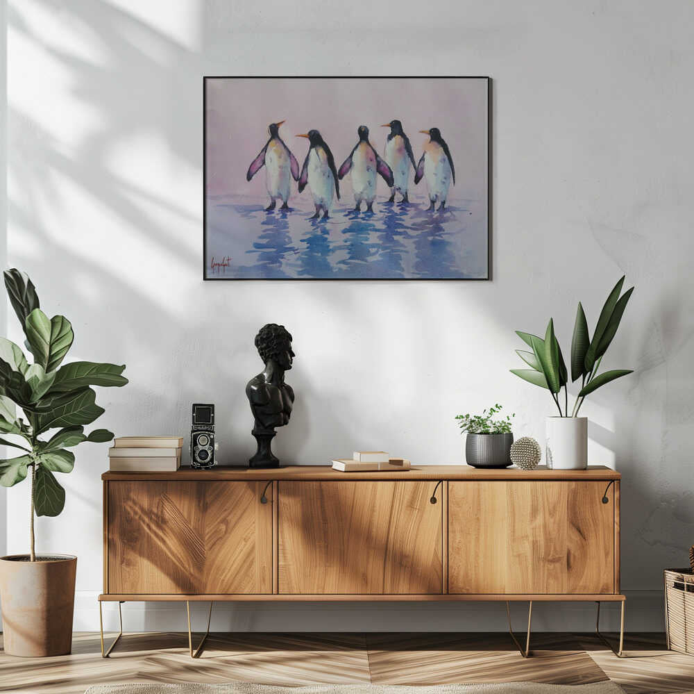 Five Walking Penguins Art Print UK — Animal Calm Wall Art — Living Room — Wall It All Prints