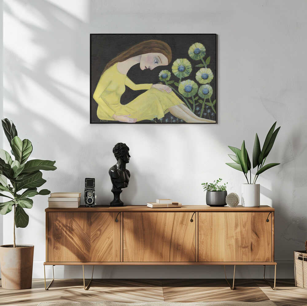 Lady With Lady Bug in yellow dress with flowers Art Print UK — Botanical Vibrant Wall Art — Living Room — Wall It All Prints