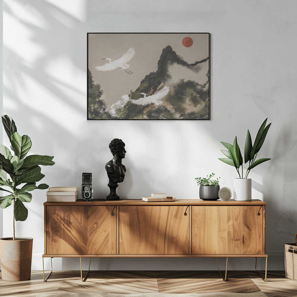Red Sun Egret Flight Art Print UK — Japanese Calm Wall Art — Office — Wall It All Prints