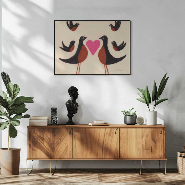 Framed Love Birds Family bird nursery print displayed in a family nursery.