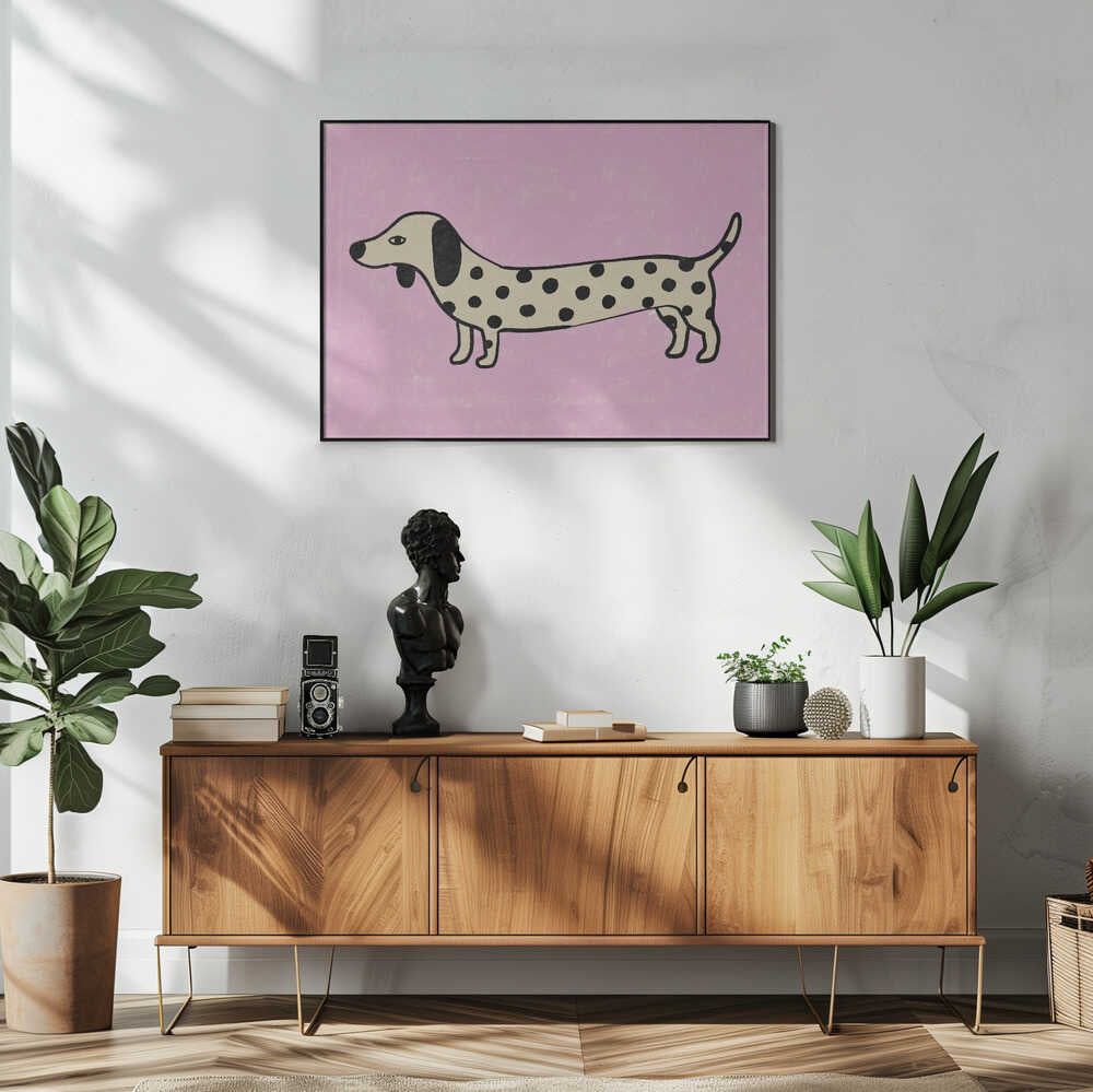 Cute Pink Dachshund Art Print UK — Animal Dark Wall Art — Living Room — Wall It All Prints