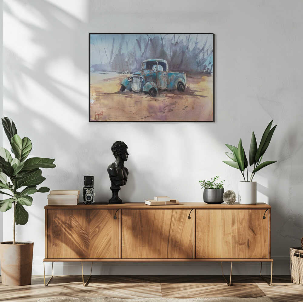 Rusty Blue Pickup Truck Art Print UK — Landscape Vibrant Wall Art — Living Room — Wall It All Prints