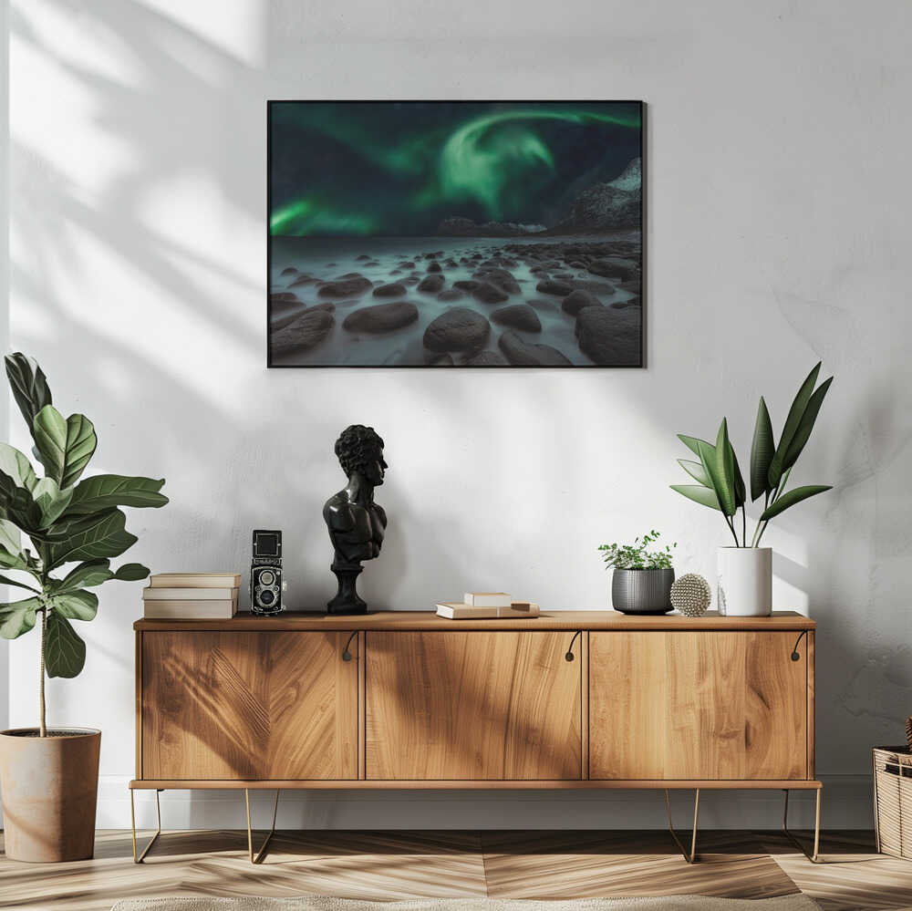 Northern Lights Rocky Shore Art Print UK — Dark Moody Vibrant Wall Art — Living Room — Wall It All Prints