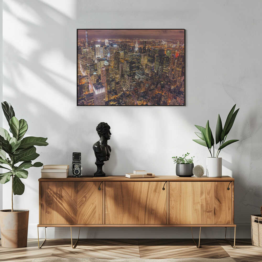 New York Night Skyline Art Print UK — Dark Moody Vibrant Wall Art — Living Room — Wall It All Prints