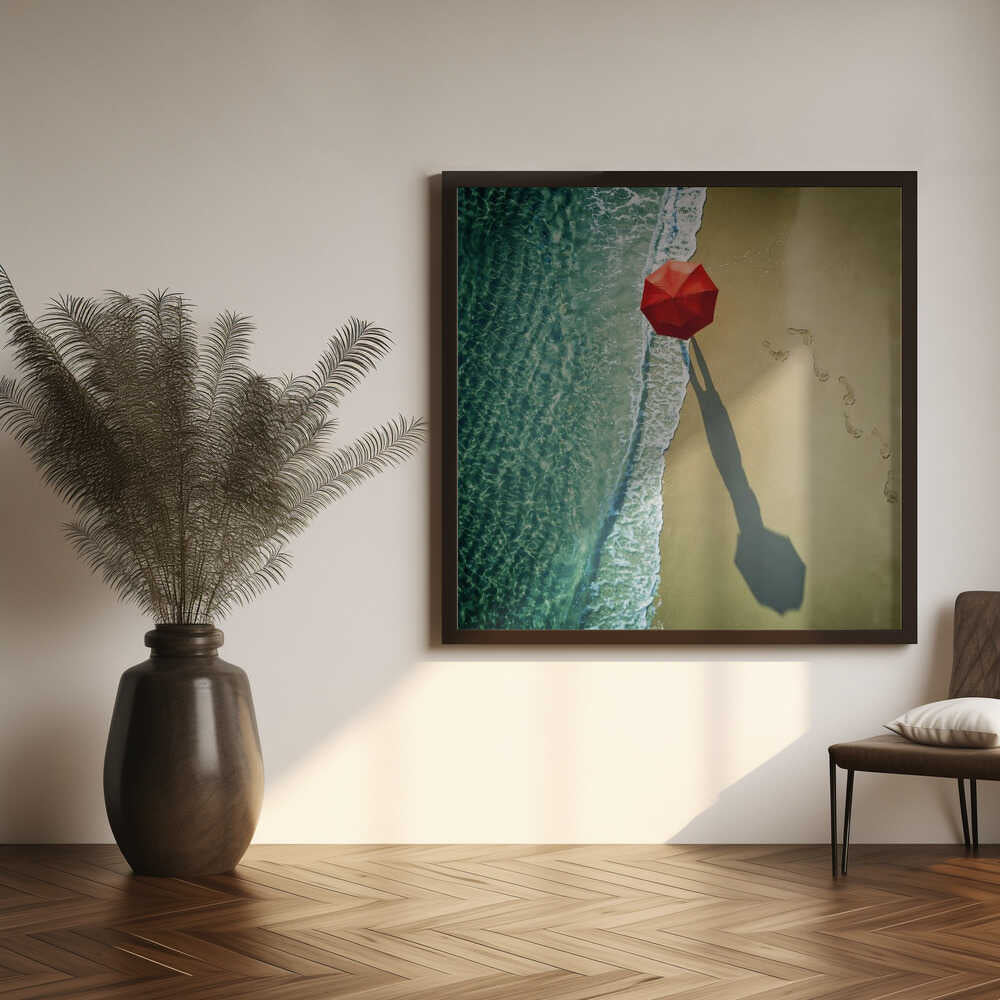 Red Umbrella Beach Walk Art Print UK — Dark Moody Vibrant Wall Art — Bedroom — Wall It All Prints