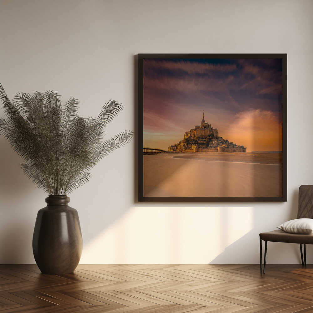 Mont Saint-Michel Sunset Glow Art Print UK — Dark Moody Warm Wall Art — Living Room — Wall It All Prints