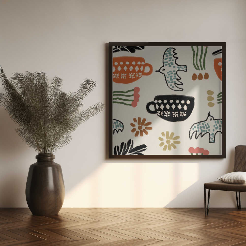 Nordic Folk Cups And Birds Art Print UK — Botanical Dark Wall Art — Kitchen — Wall It All Prints