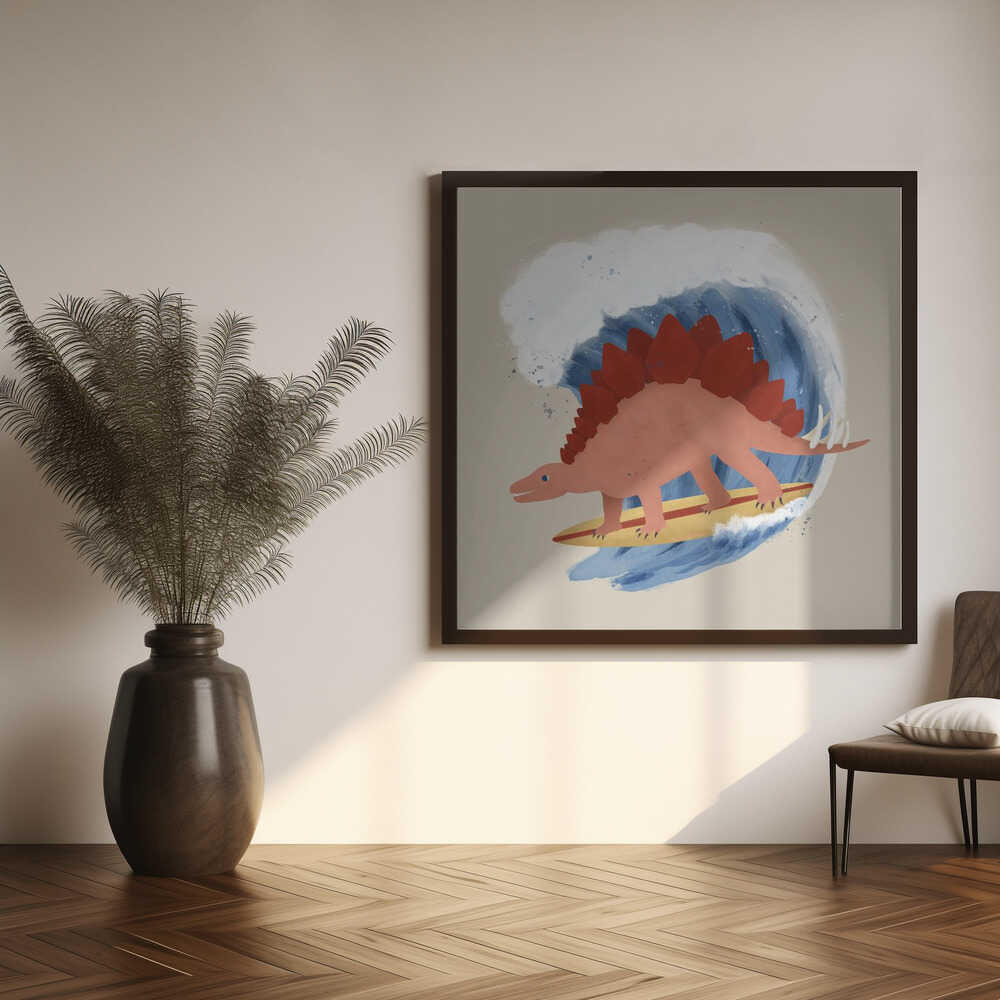 Framed Surfing Stegosaurus dinosaur print displayed in a beach-themed kids room.