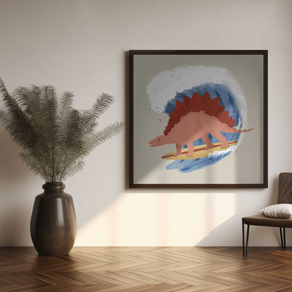 Framed Surfing Stegosaurus dinosaur print displayed in a beach-themed kids room.