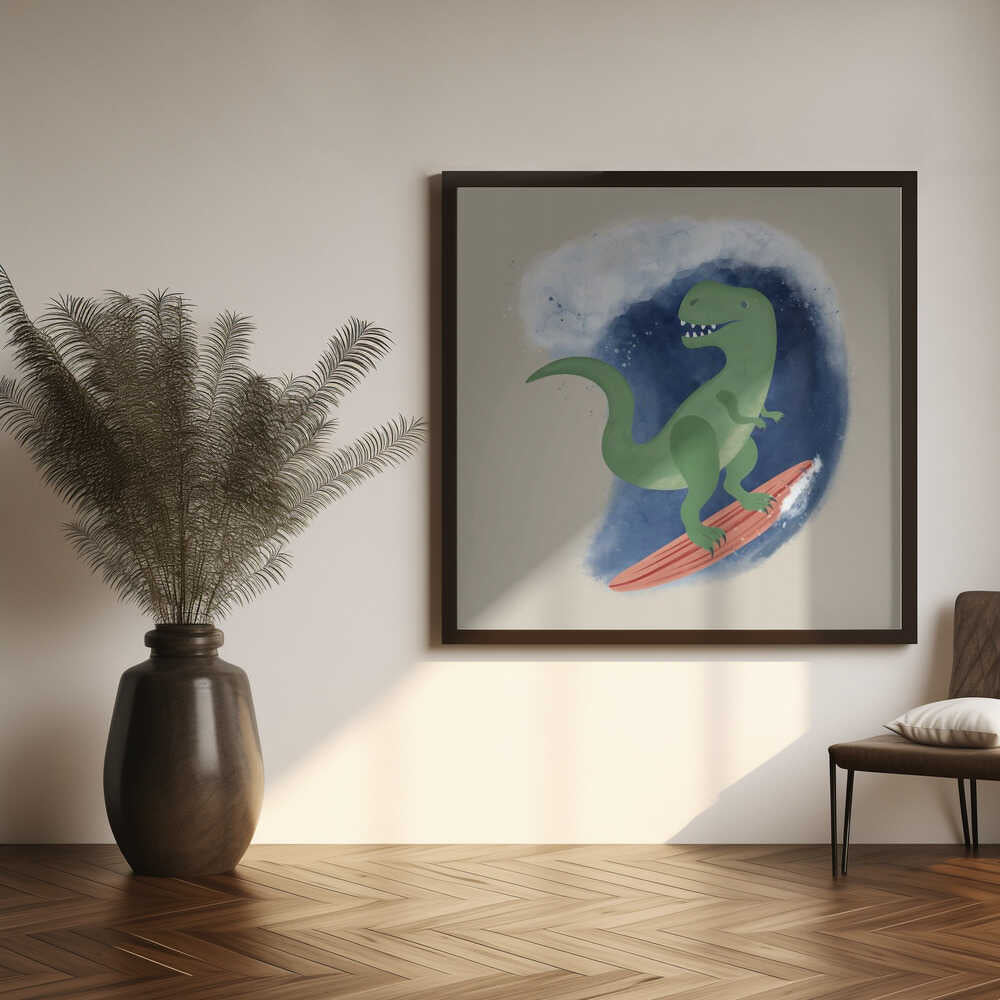 Framed T-Rex Surfing Wave dinosaur print displayed in an adventure-themed kids room.
