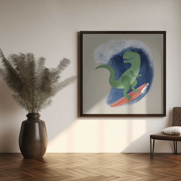 Framed T-Rex Surfing Wave dinosaur print displayed in an adventure-themed kids room.