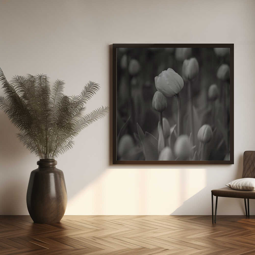 Soft Black White Tulips Art Print UK — Botanical Calm Wall Art — Living Room — Wall It All Prints