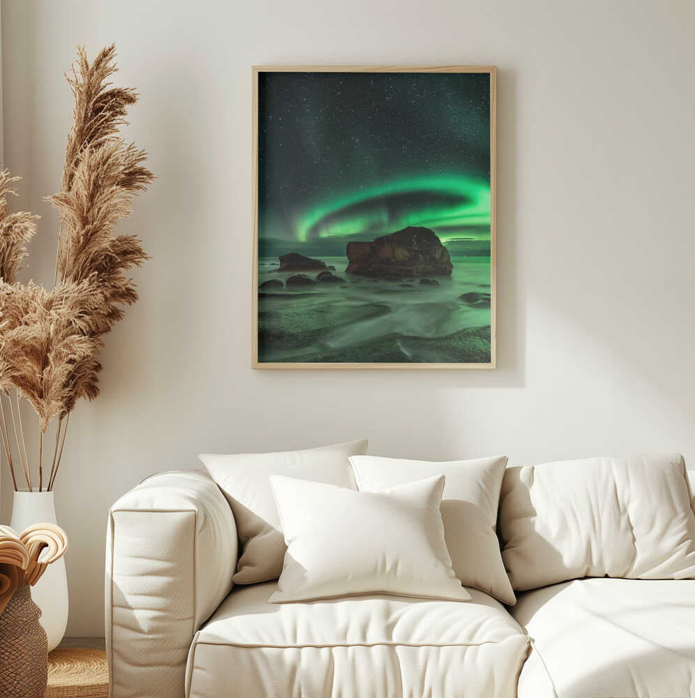 Green Aurora Ocean Rocks Art Print UK — Dark Moody Calm Wall Art — Bedroom — Wall It All Prints