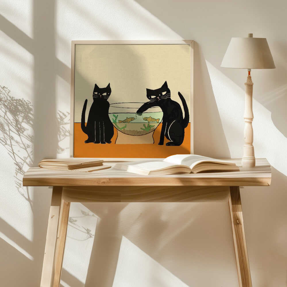 Mischievous Cat And Fish Art Print UK — Botanical Dark Wall Art — Living Room — Wall It All Prints