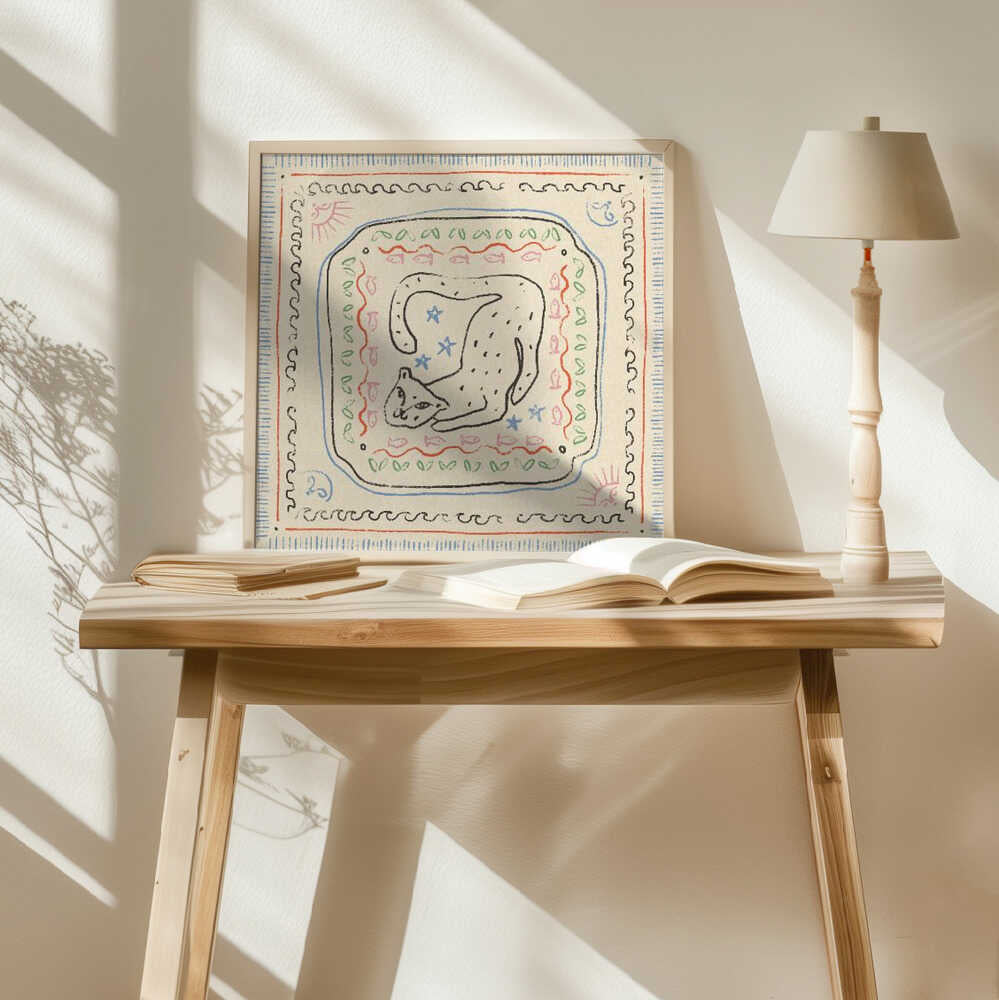 Playful Folk Cat Art Print UK — Botanical Vibrant Wall Art — Living Room — Wall It All Prints