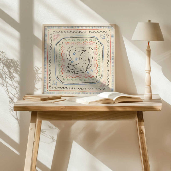 Playful Folk Cat Art Print UK — Botanical Vibrant Wall Art — Living Room — Wall It All Prints