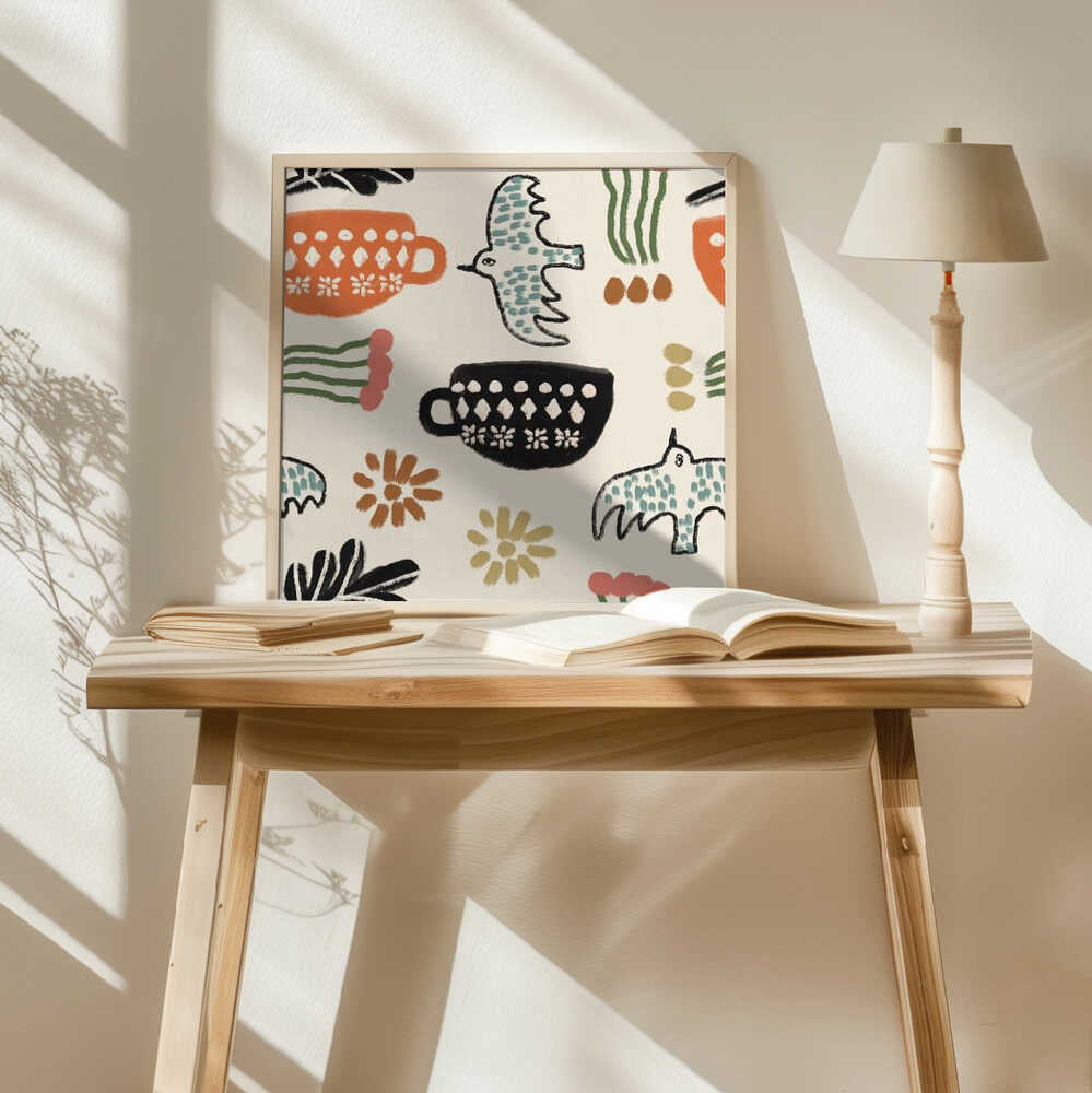 Nordic Folk Cups And Birds Art Print UK — Botanical Dark Wall Art — Kitchen — Wall It All Prints