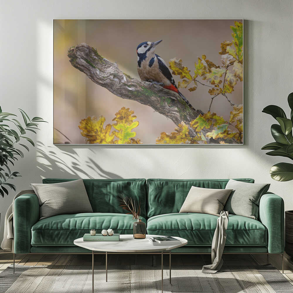 Autumn Woodpecker Art Print UK — Landscape Dark Wall Art — Living Room — Wall It All Prints